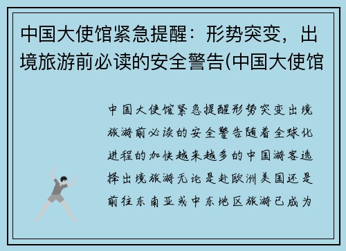 中国大使馆紧急提醒：形势突变，出境旅游前必读的安全警告(中国大使馆入境政策)